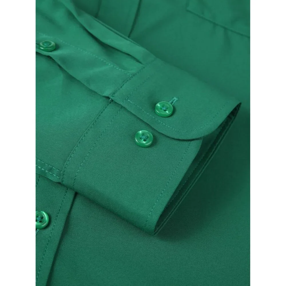 Men's Green Dress Long Sleeve Button Down Business Formal Stretch Shirts - Picture 4 of 6